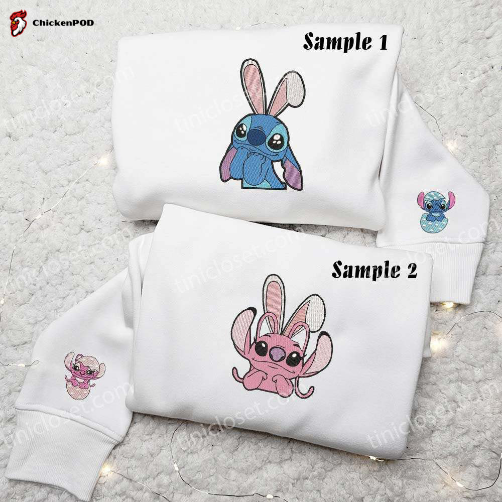 Stitch and Angel Easter Embroidered Couples Shirts – Cute Matching Outfits for a Festive Celebration!