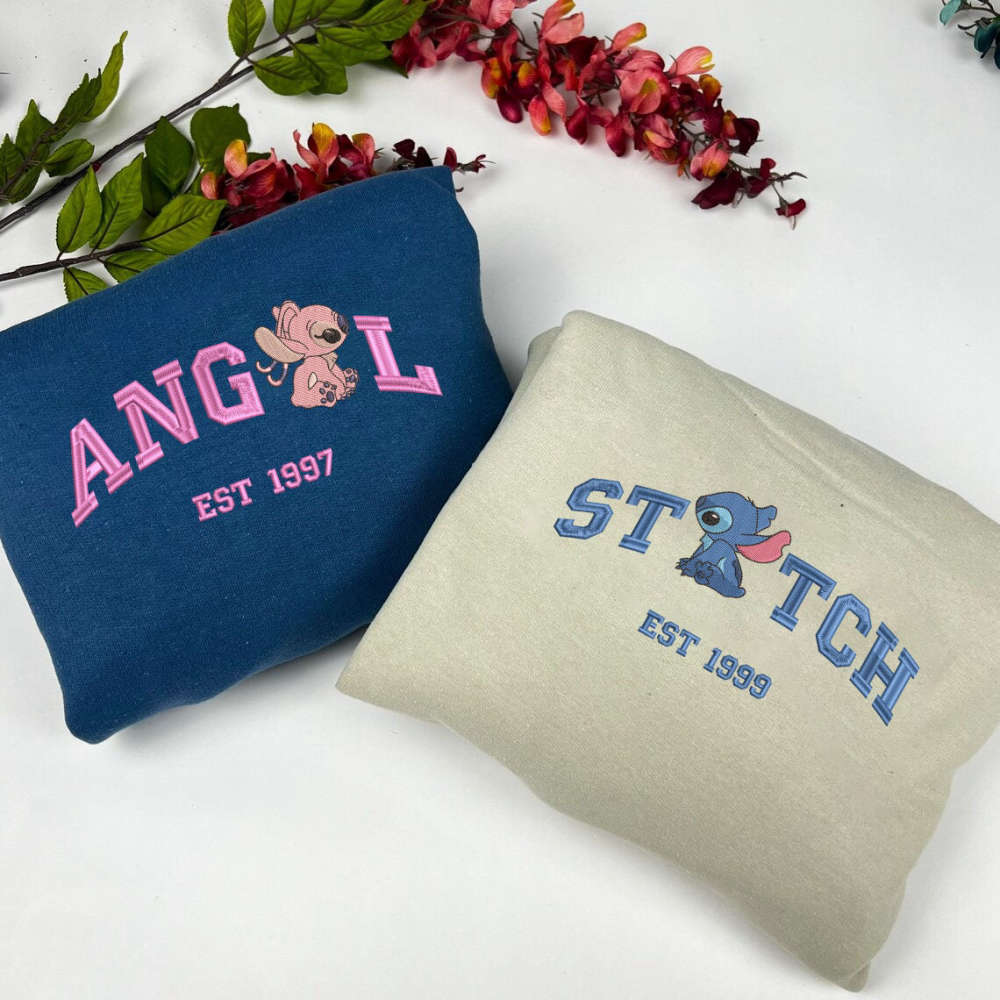 Stitch and Angel Embroidered Sweatshirt – Couple Cartoon Shirt for Valentine s Gift