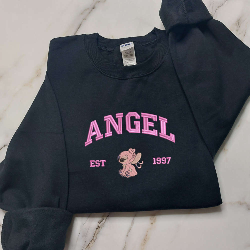 Stitch and Angel Embroidered Sweatshirt – Couple Cartoon Shirt for Valentine Gift with Valentine Embroidery Designs