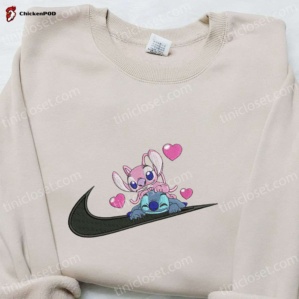 Disney Characters Embroidered Hoodie Stitch Angel Couple Love x Swoosh Cartoon Shirt Best Family Gift Ideas