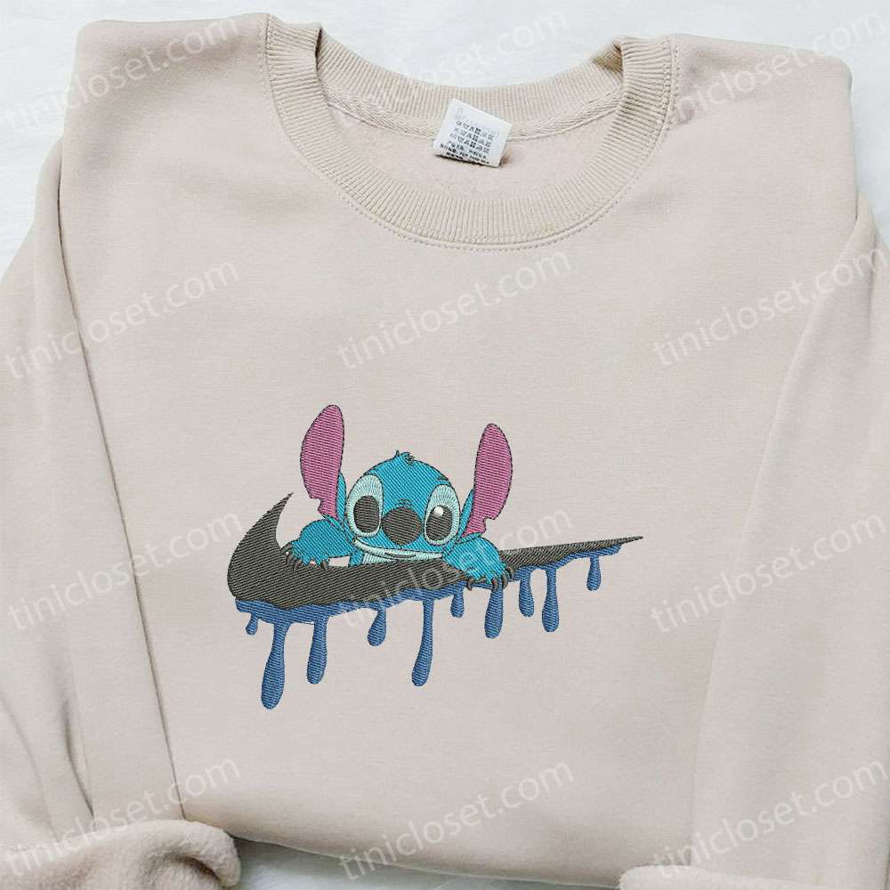 Stitch Cartoon x Swoosh Embroidered Shirt: Halloween & Disney Characters – Best Family Gift Ideas