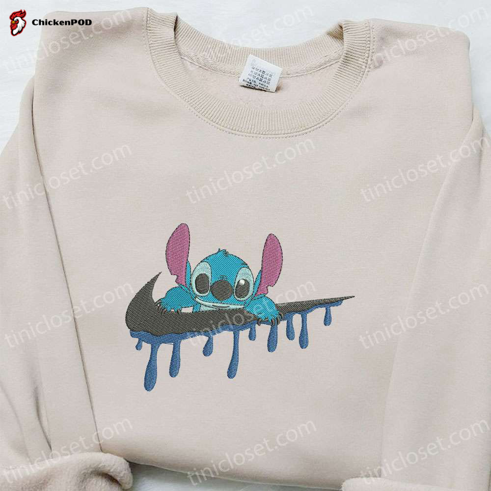 Stitch Cartoon x Swoosh Embroidered Shirt: Halloween & Disney Characters – Best Family Gift Ideas