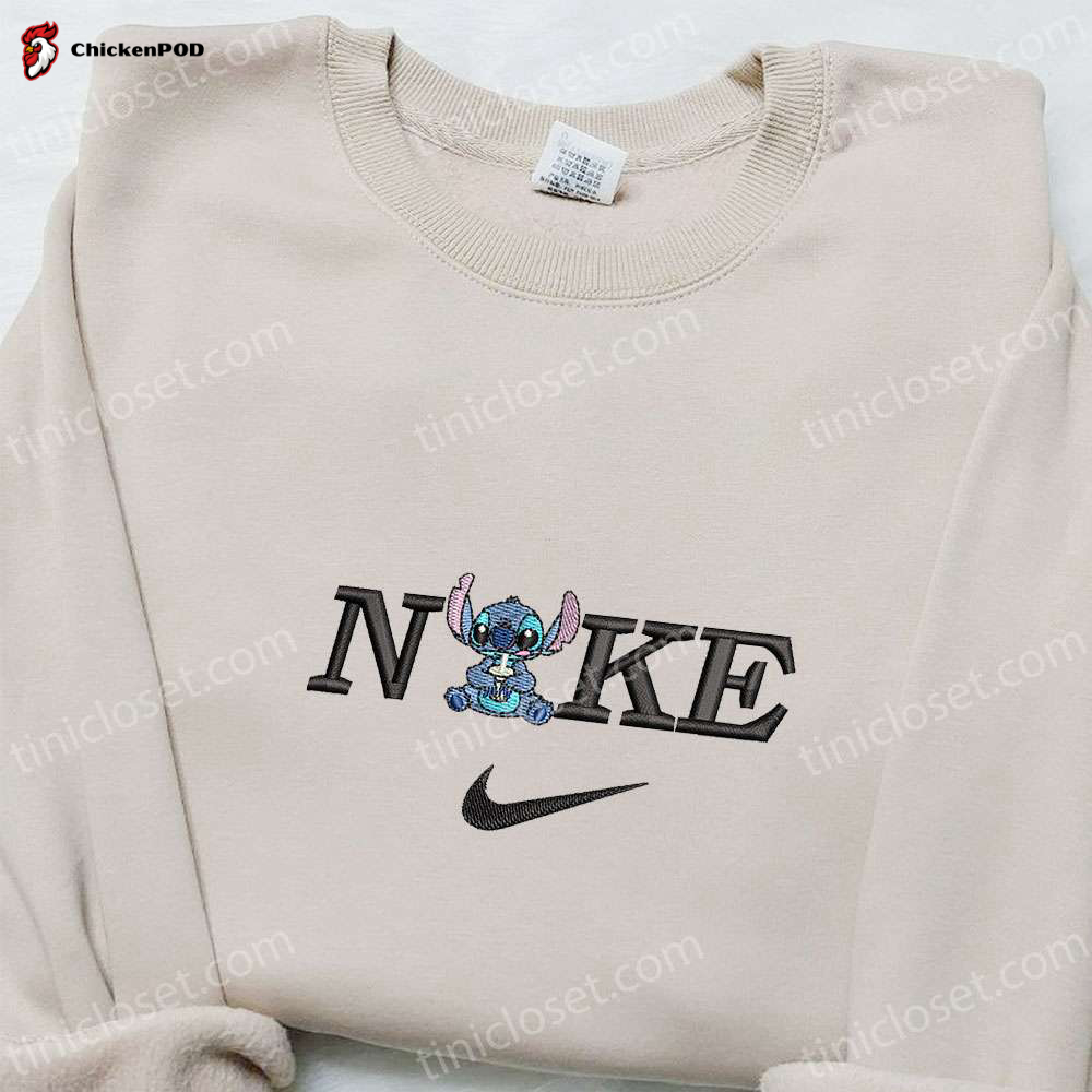 Stitch Boba x Nike Embroidered Shirt Disney Hoodie Nike Inspired Sweatshirt – Unique and Stylish Embroidered Clothing with Disney Characters