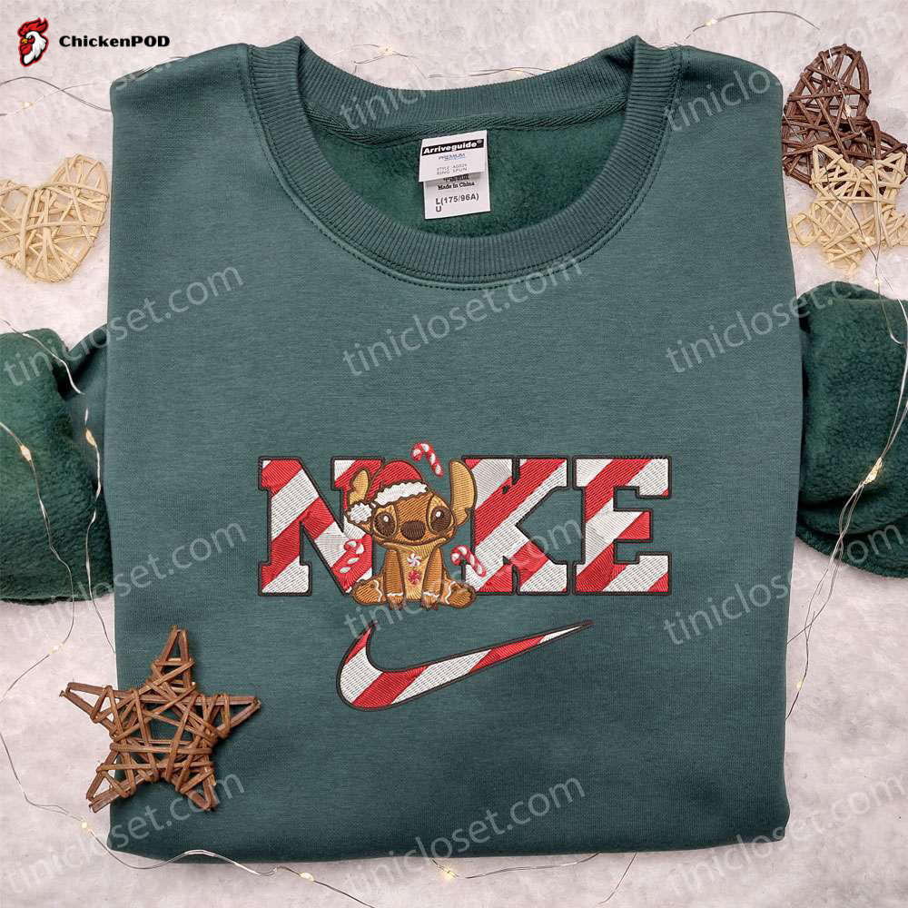 Exclusive Stitch Gingerbread Candy Canes x Nike Embroidered Shirt Disney Characters Hoodie & Christmas Sweatshirt