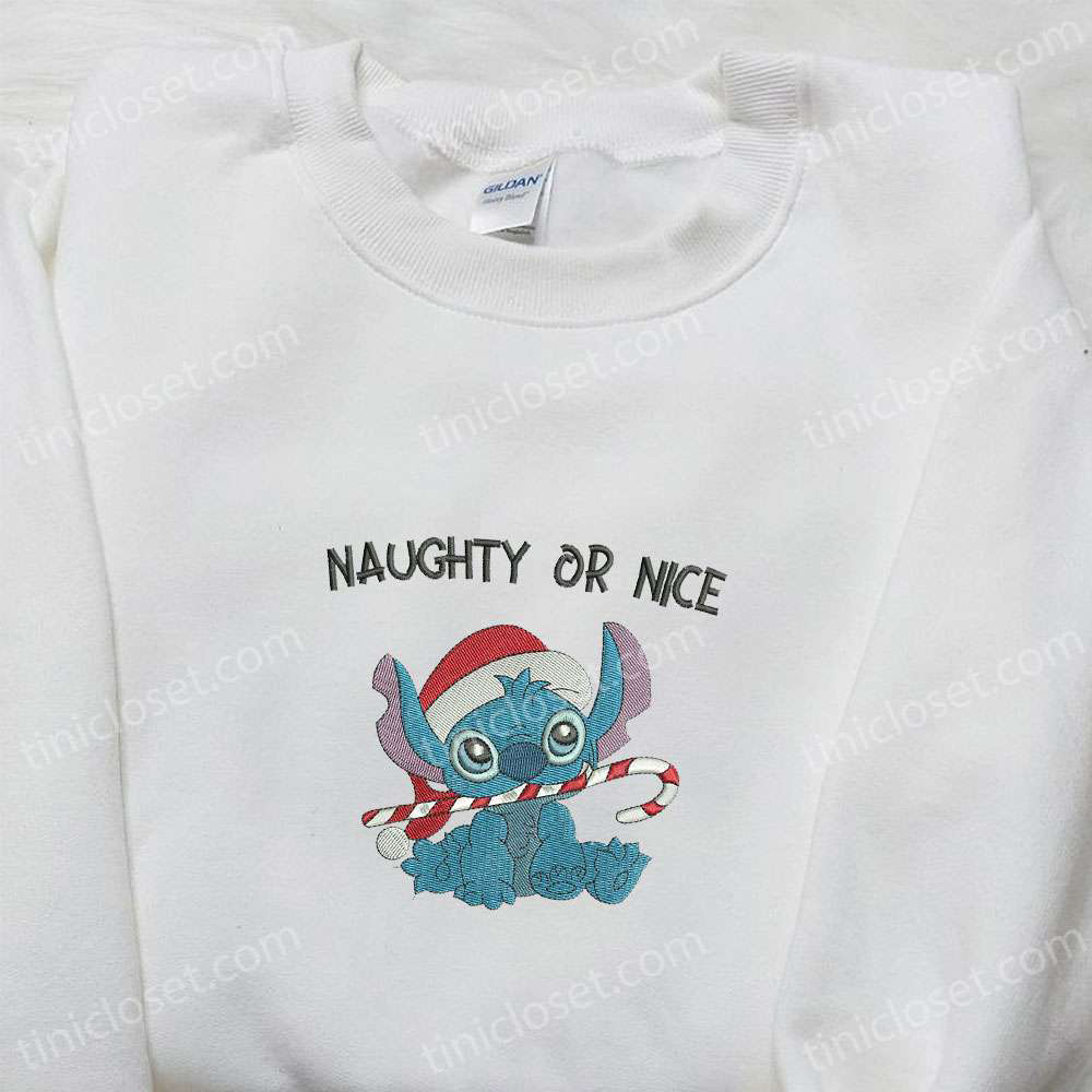 Stitch Naughty or Nice Candy Cane Embroidered Shirt & Disney Characters Hoodie – Best Christmas Gifts for Family