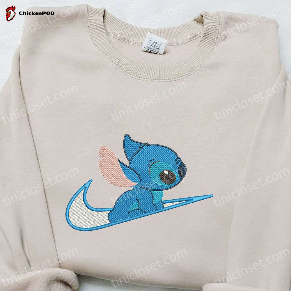 Disney Characters Embroidered Hoodie & Shirt: Stitch x Swoosh Cartoon – Best Family Gift Ideas