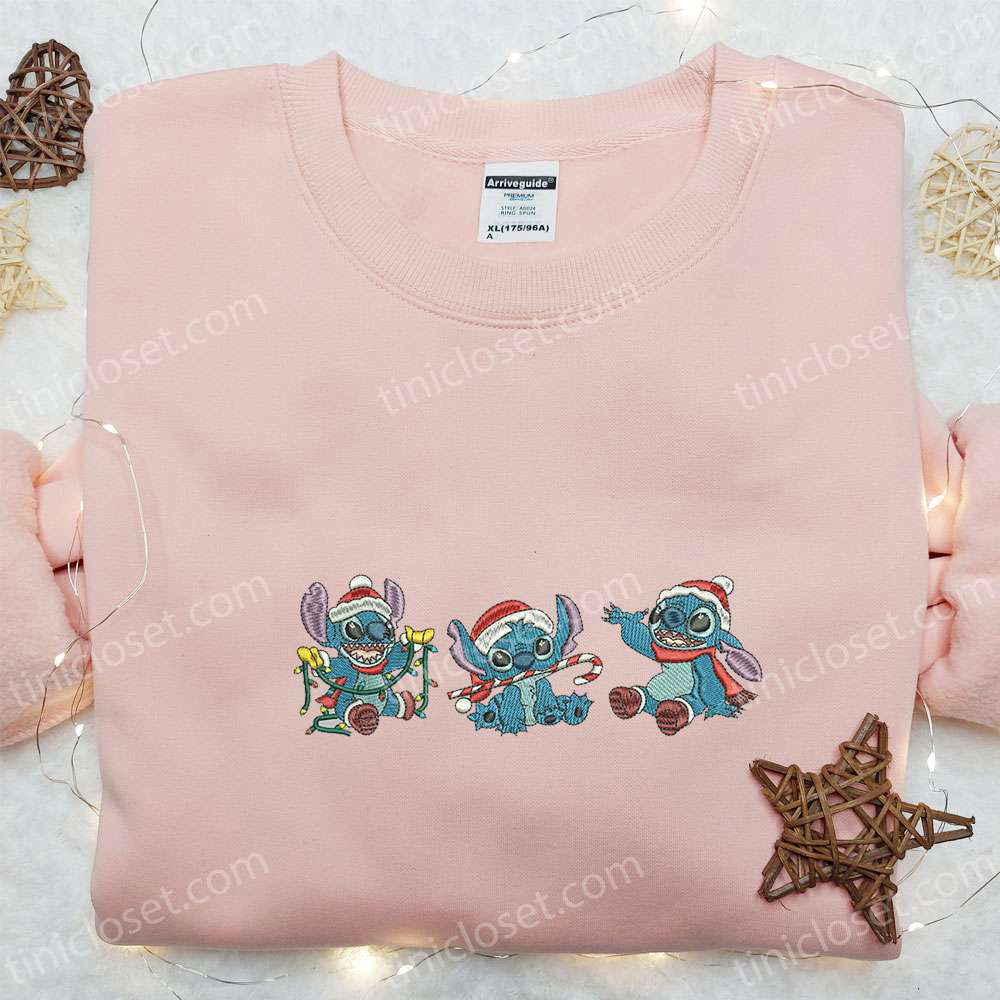 Stitch Xmas Embroidered Shirt Disney Characters Hoodie & Christmas Shirt: Festive Apparel for Disney Fans