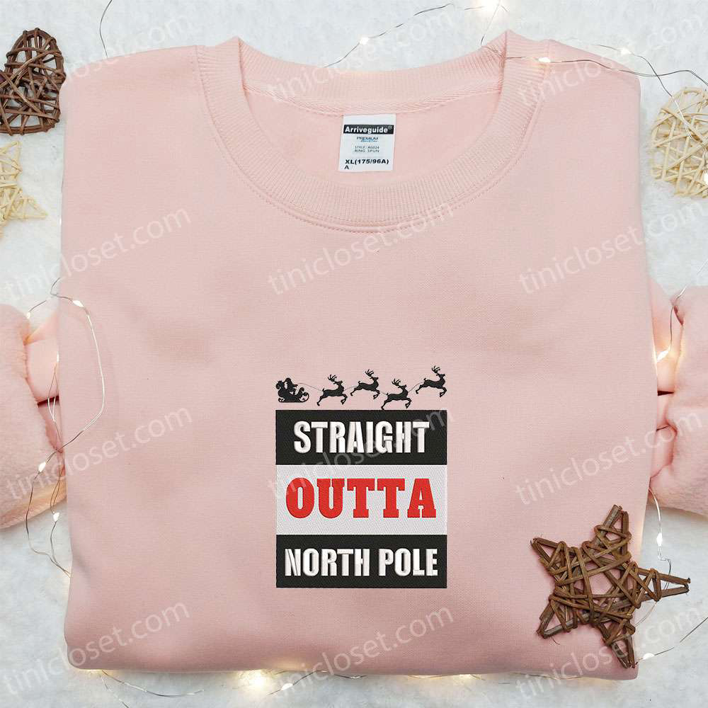 Christmas Embroidered Shirt & Hoodie: Straight Outta North Pole Santa Disney Characters – Shop Now!