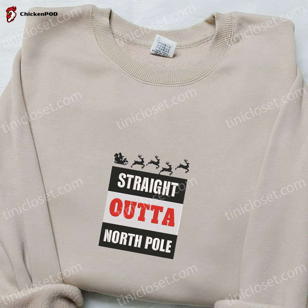 Christmas Embroidered Shirt & Hoodie: Straight Outta North Pole Santa Disney Characters – Shop Now!