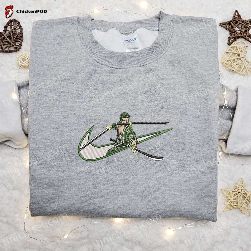 Swoosh Anime x Roronoa Zoro Hoodie & One Piece Shirt: Best Family Gift Ideas Embroidered Collection