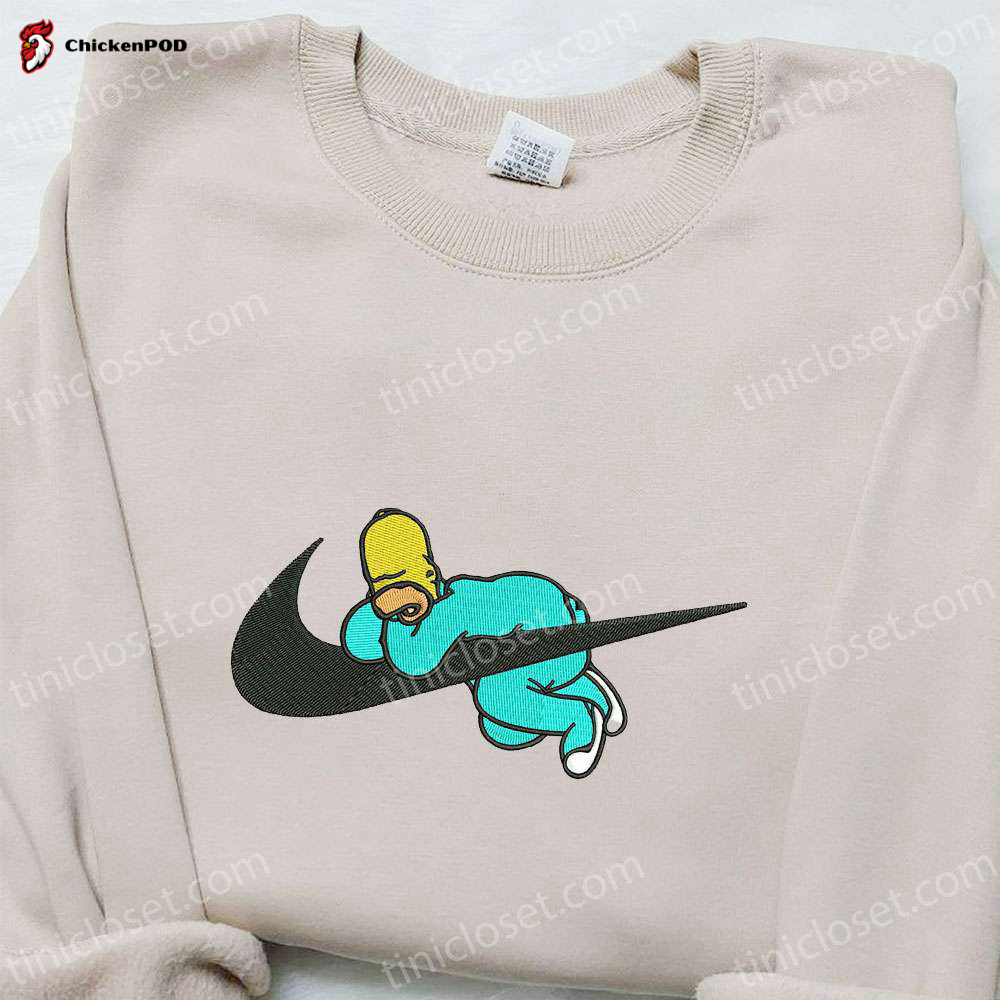 Swoosh x Homer Sleeping Cartoon Sweatshirt: Nike Inspired Embroidered Shirt Perfect Birthday Gift Ideas