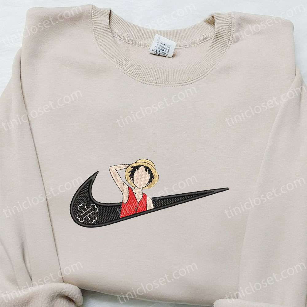 Swoosh x Monkey D Luffy Anime Sweatshirt: Nike Inspired Embroidered Shirt Cool Anime Clothing