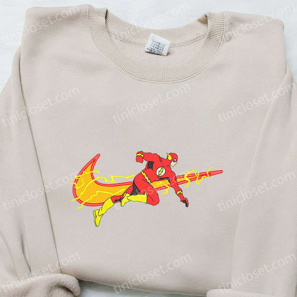 Supercharged Style: Swoosh x The Flash Movie Embroidered Hoodie & Marvel Cinematic Universe Shirt – Custom Embroidery