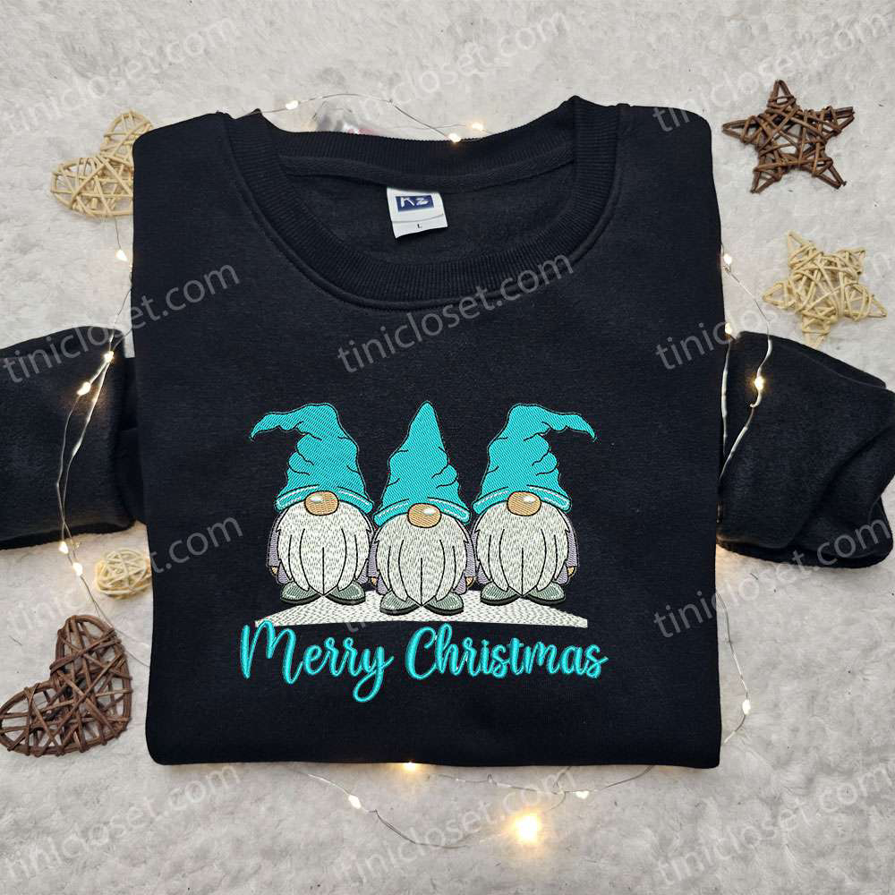 Christmas Embroidered Shirt & Hoodie Set: Three Gnomes Blue Merry Christmas – Best Family Gift