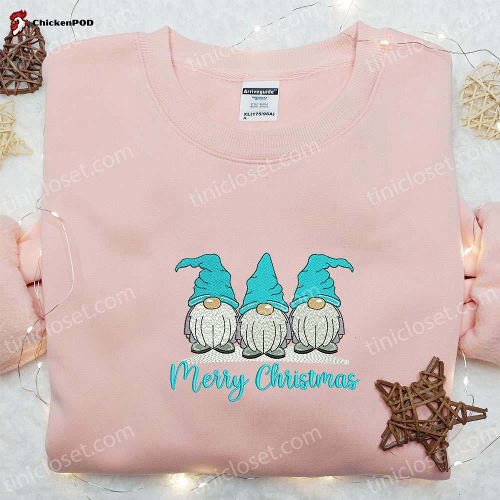 Christmas Embroidered Shirt & Hoodie Set: Three Gnomes Blue Merry Christmas – Best Family Gift