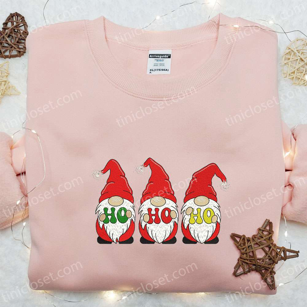 Three Gnomes Ho Ho Ho Embroidered Hoodie: Funny Christmas Shirt Best Family Gift Ideas