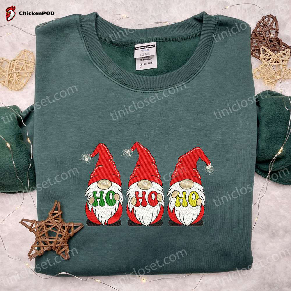 Three Gnomes Ho Ho Ho Embroidered Hoodie: Funny Christmas Shirt Best Family Gift Ideas