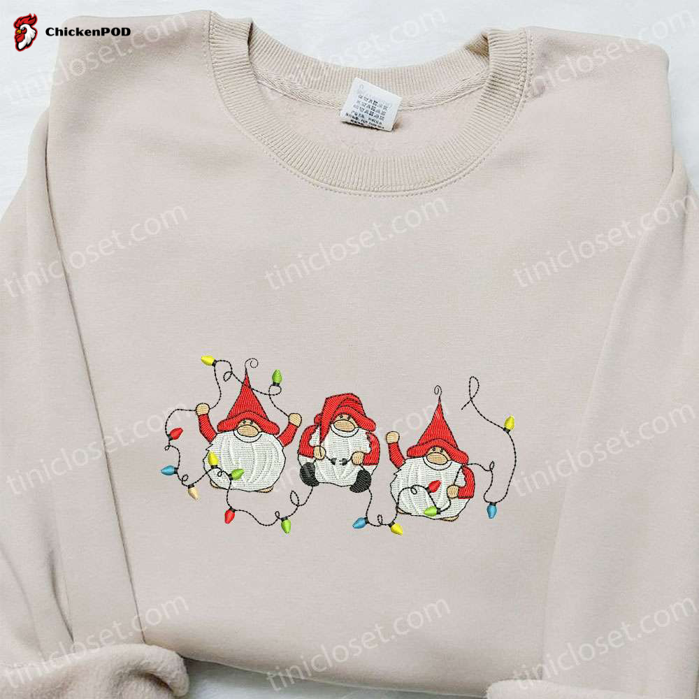 Christmas Embroidered Shirt: Three Winter Gnomes with Lights – Best Family Gift Idea