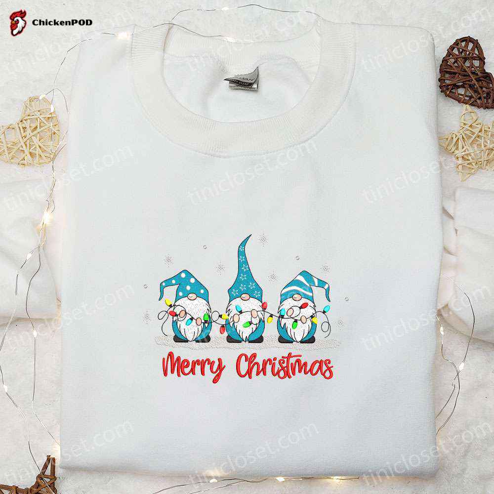 Christmas Embroidered Shirt: Three Winter Gnomes with Lights – Best Family Gift Idea