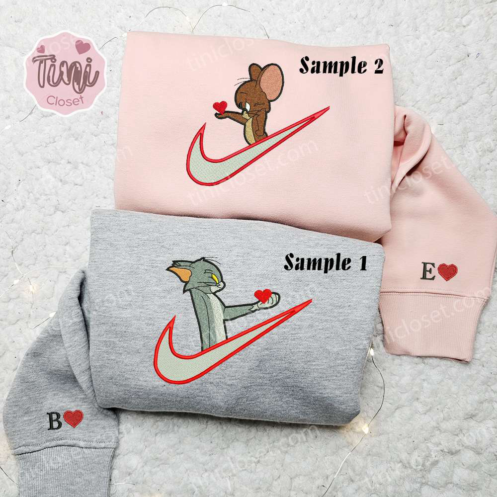 Tom And Jerry Giving Heart x Nike Couple Embroidered Shirt – Cartoon Hoodie & Sweatshirt for Valentine’s Day