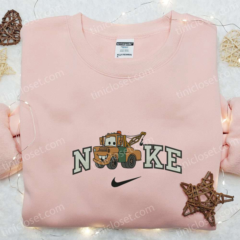 Tow Mater x Nike Embroidered Sweatshirt & T-shirt: Pixar Cars Disney Cartoon Apparel with Nike-Inspired Embroidery