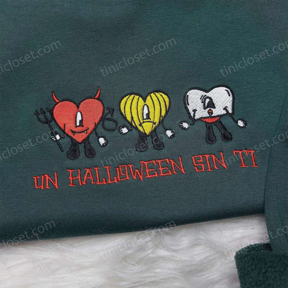 Embrace the Halloween spirit with Un Halloween Sin Ti Embroidered Shirt Cute Little Bad Bunny Shirt and Cool Halloween Shirts