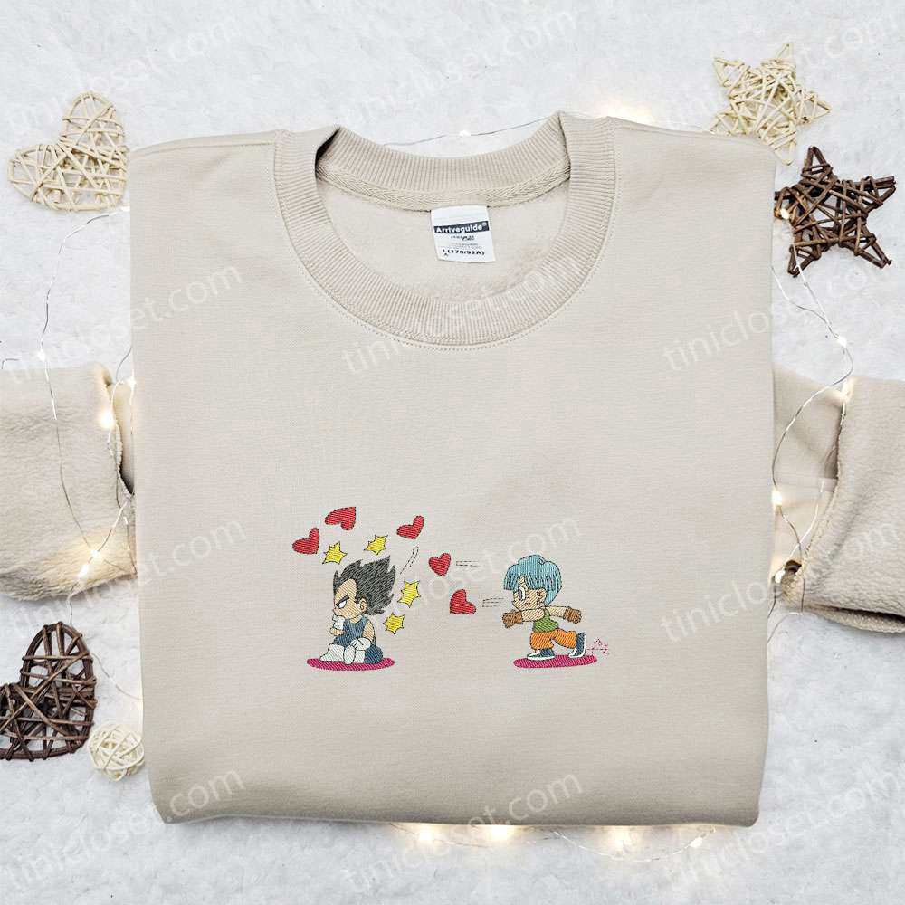 Dragon Ball Anime Embroidered Shirt & Hoodie: Vegeta and Bulma Hearts Design – Perfect Valentine s Day Gift!