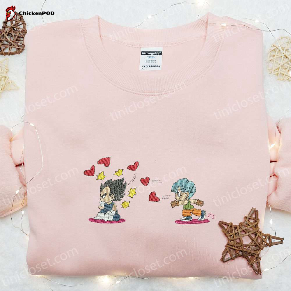 Dragon Ball Anime Embroidered Shirt & Hoodie: Vegeta and Bulma Hearts Design – Perfect Valentine s Day Gift!