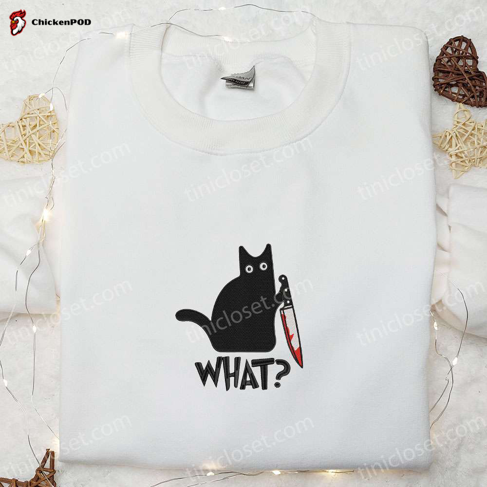 Spooky & Hilarious Black Cat with Knife Embroidered Shirt – Perfect Halloween Gift