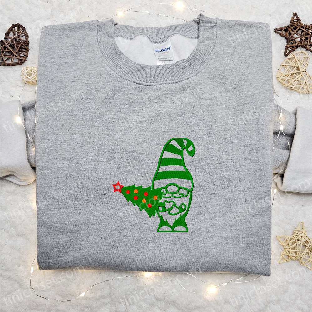 Cozy Winter Gnome Christmas Tree Embroidered T-Shirt – Best Gift Ideas