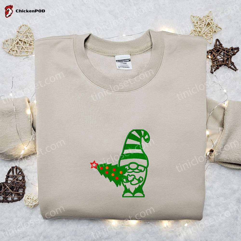 Cozy Winter Gnome Christmas Tree Embroidered T-Shirt – Best Gift Ideas