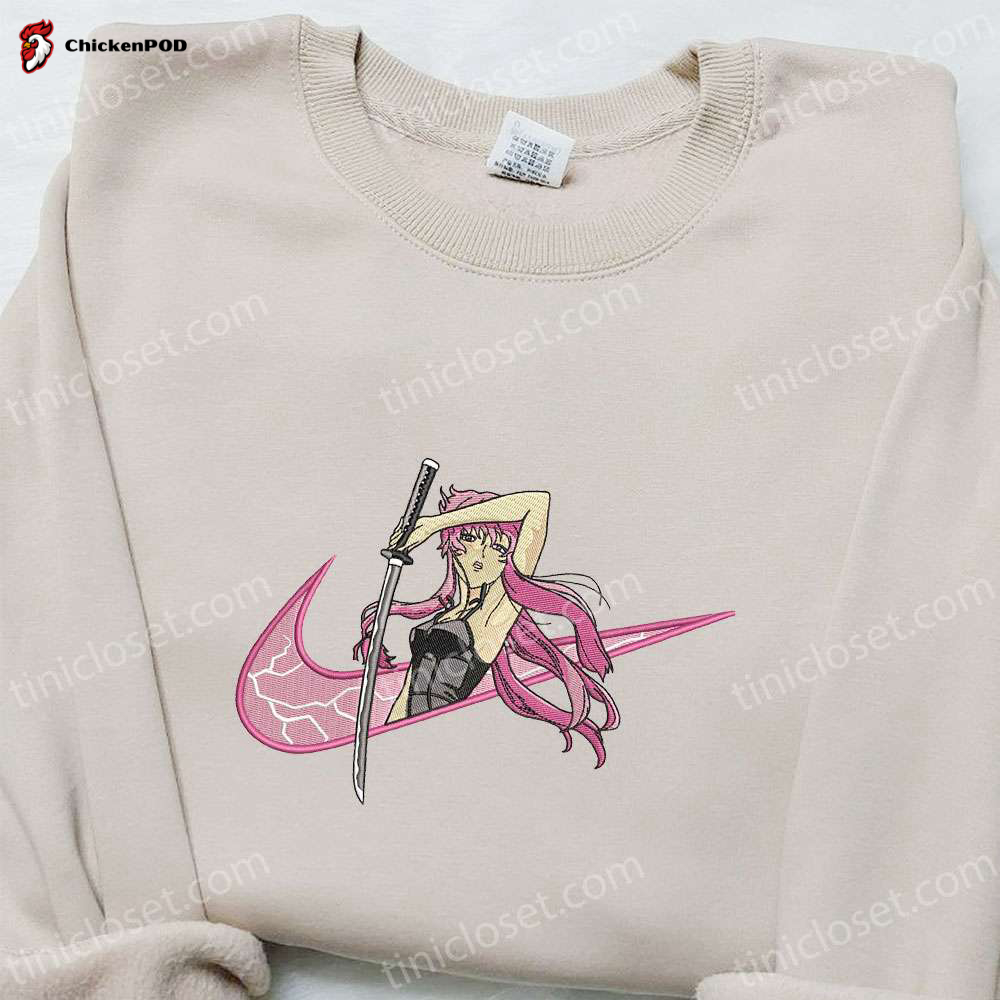 Yuno Gasai x Swoosh Anime Embroidered Sweatshirt – Futuristic Diary Shirt Custom T-Shirt