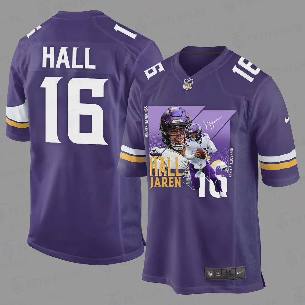 Jaren Hall 16 Minnesota Vikings Art Design Game Jersey – Men, Purple