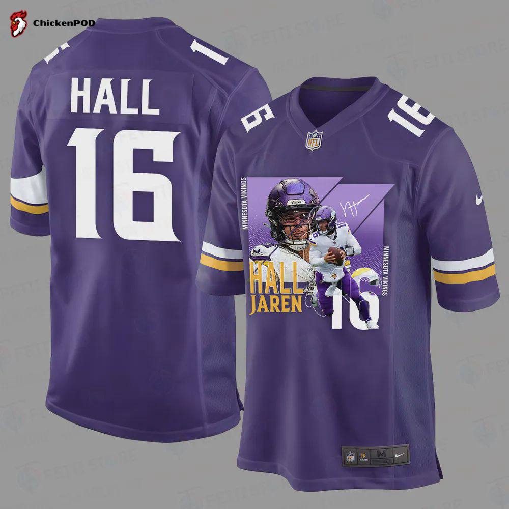 Jaren Hall 16 Minnesota Vikings Art Design Game Jersey – Men, Purple