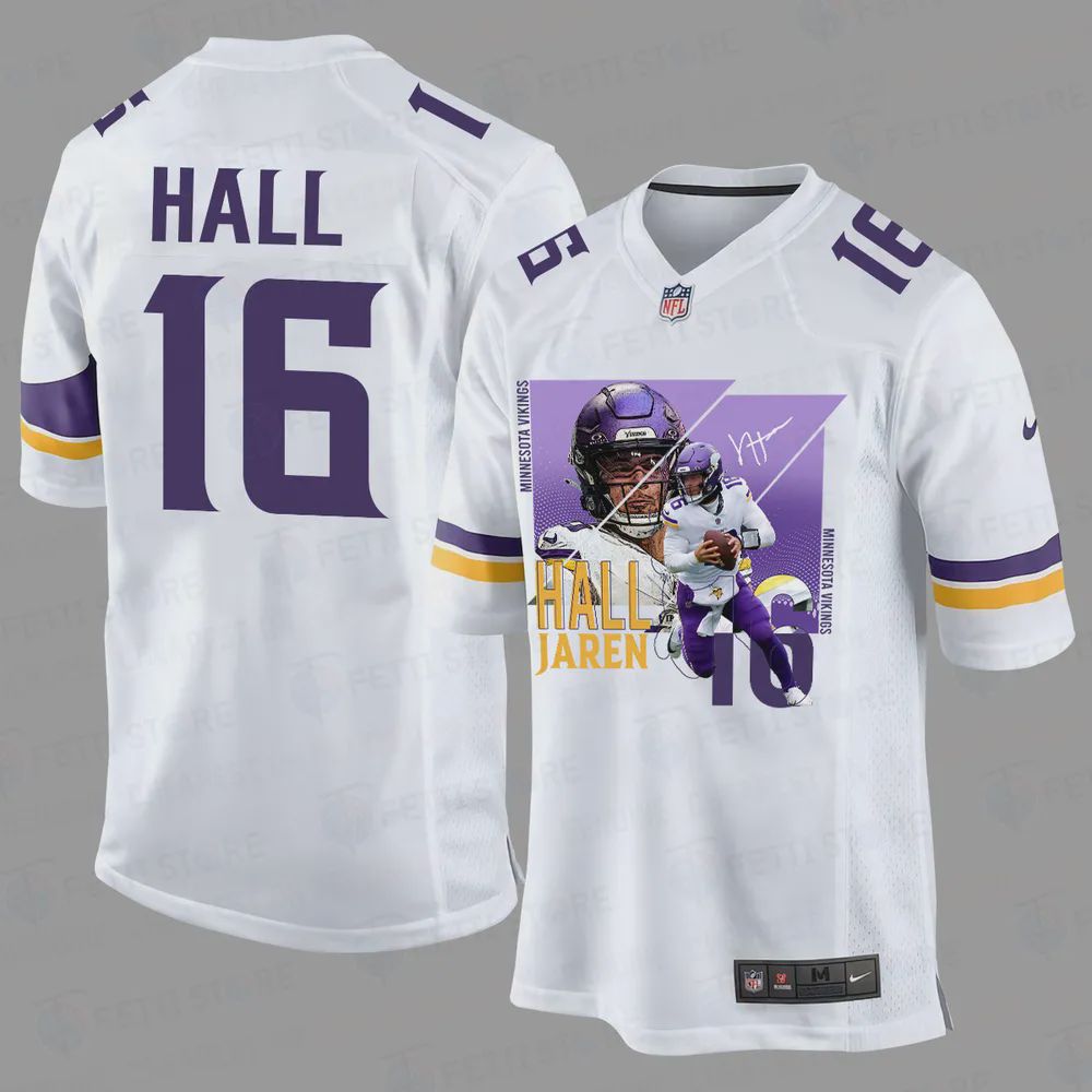 Jaren Hall 16 Minnesota Vikings Art Design Game Jersey – Men, White