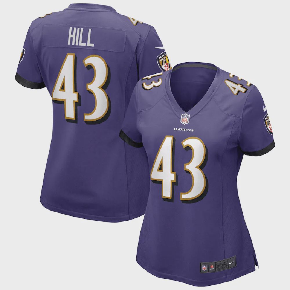 Justice Hill 43 Baltimore Ravens Women’s Game Jersey – Purple