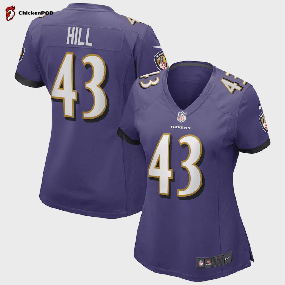 Justice Hill 43 Baltimore Ravens Women’s Game Jersey – Purple