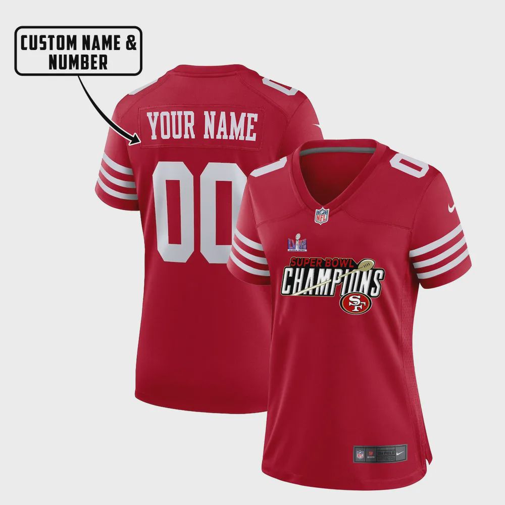 San Francisco 49ers LVIII Champions Ball Game Jersey – Women, Red V26