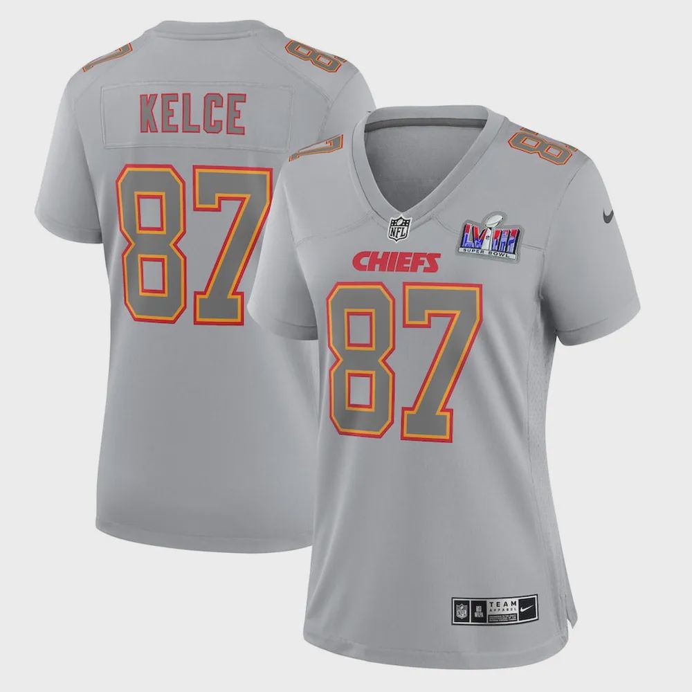 Travis Kelce 87 Kansas City Chiefs Super Bowl LVIII Patch Fashion Game Jersey – Grey