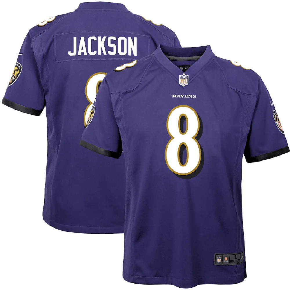 Lamar Jackson 8 Baltimore Ravens Youth Game Jersey – Purple