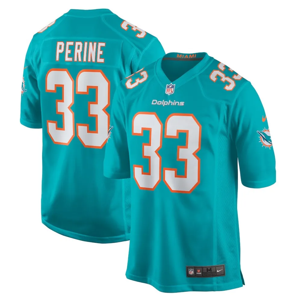 Lamical Perine 33 Miami Dolphins Men Game Jersey – Aqua