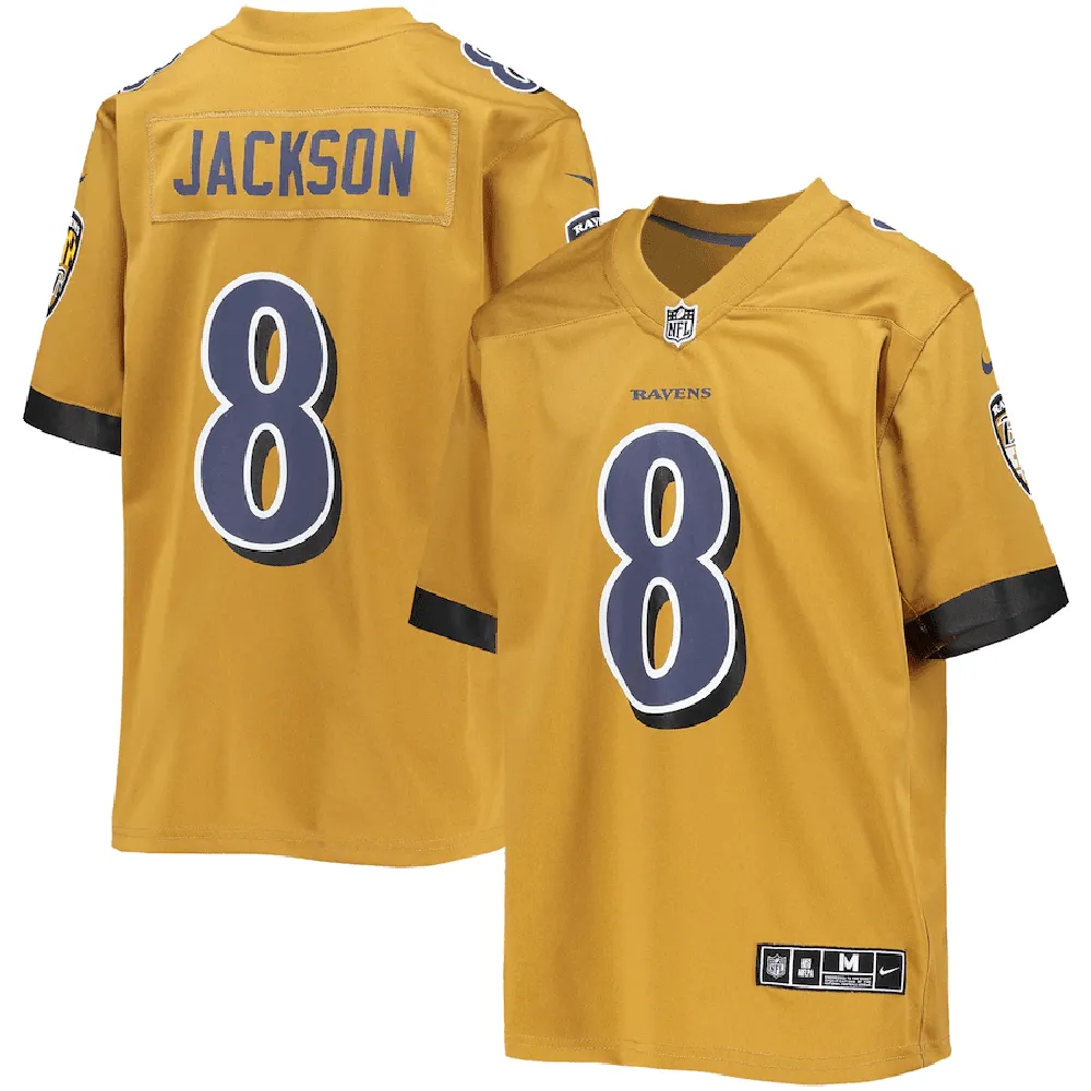 Lamar Jackson 8 Baltimore Ravens Youth Inverted Team Game Jersey – Gold