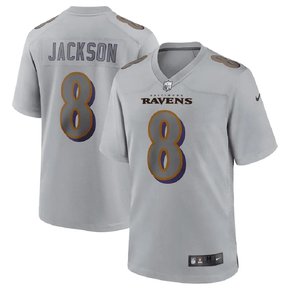 Lamar Jackson 8 Baltimore Ravens Men Atmosphere Fashion Game Jersey – Gray