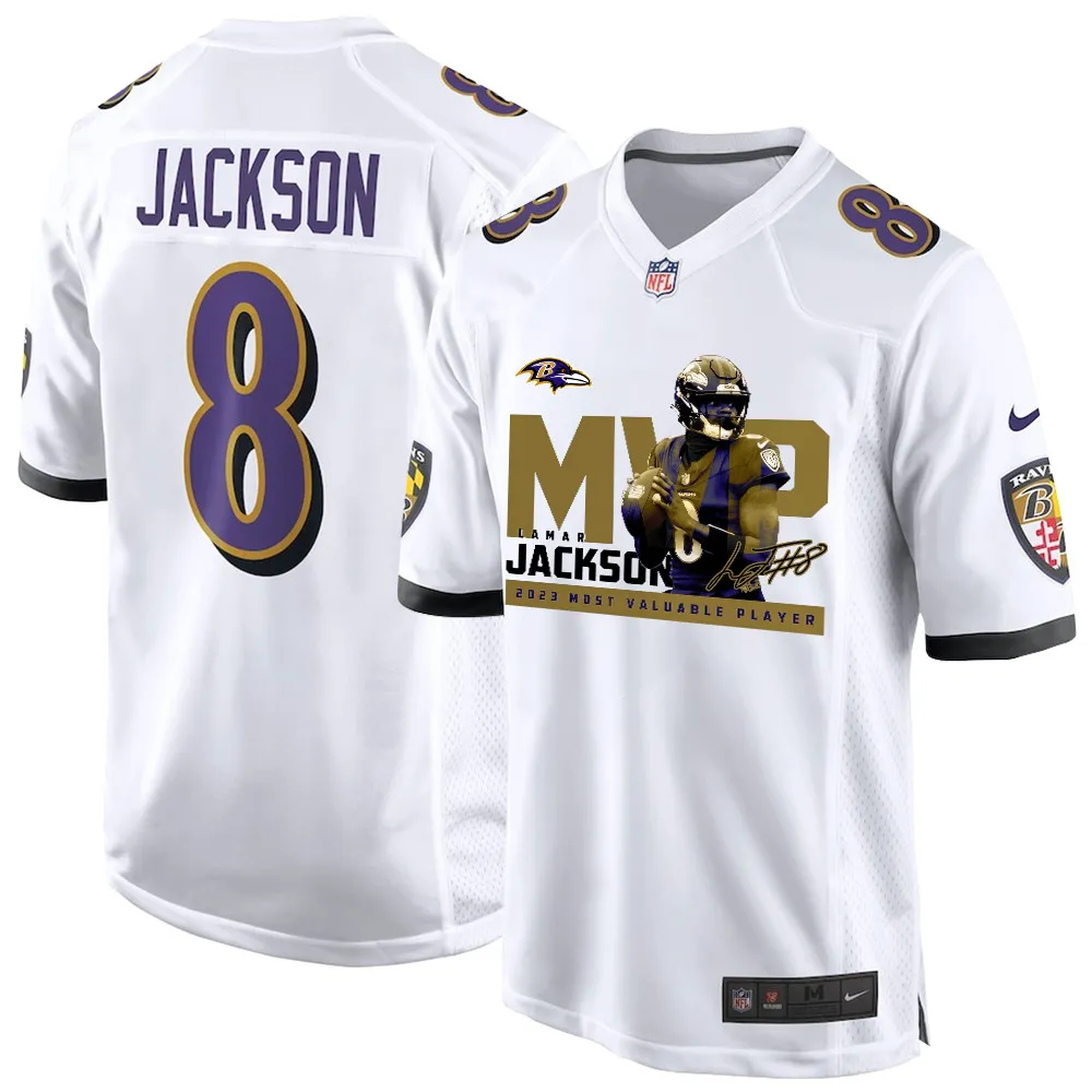 Lamar Jackson 8 Baltimore Ravens MVP 2023 Game Jersey – White