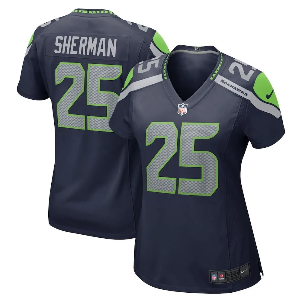 Richard Sherman 25 Seattle Seahawks Women’s Retired Game Jersey – College Navy