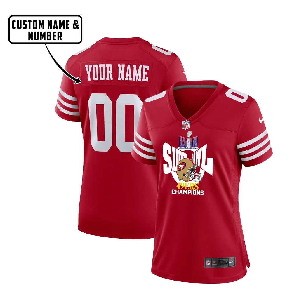 San Francisco 49ers LVIII Champions Helmet Game Jersey – Women, Red V30