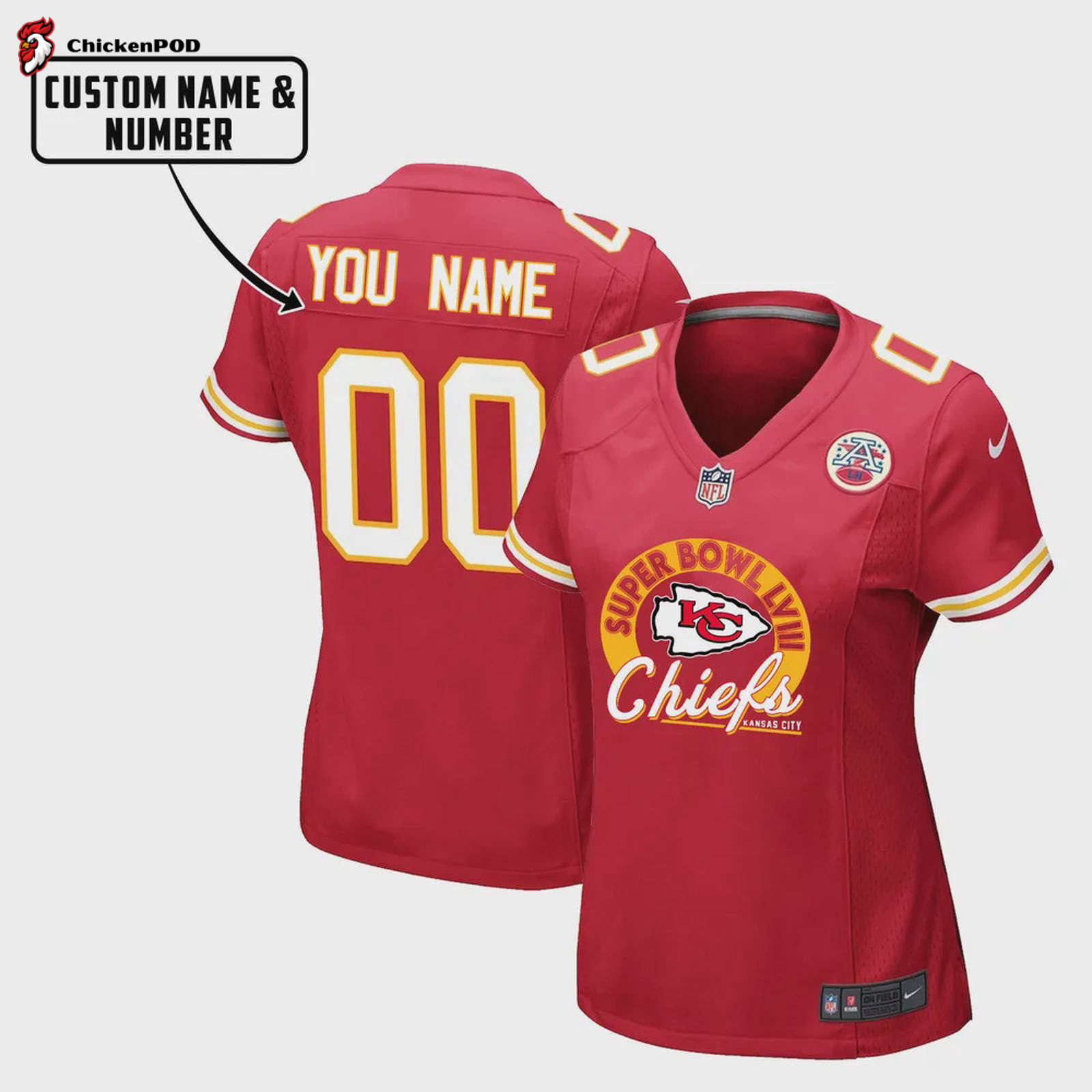 Kansas City Chiefs LVIII Champions Trophy Game Jersey – Women, Red V18