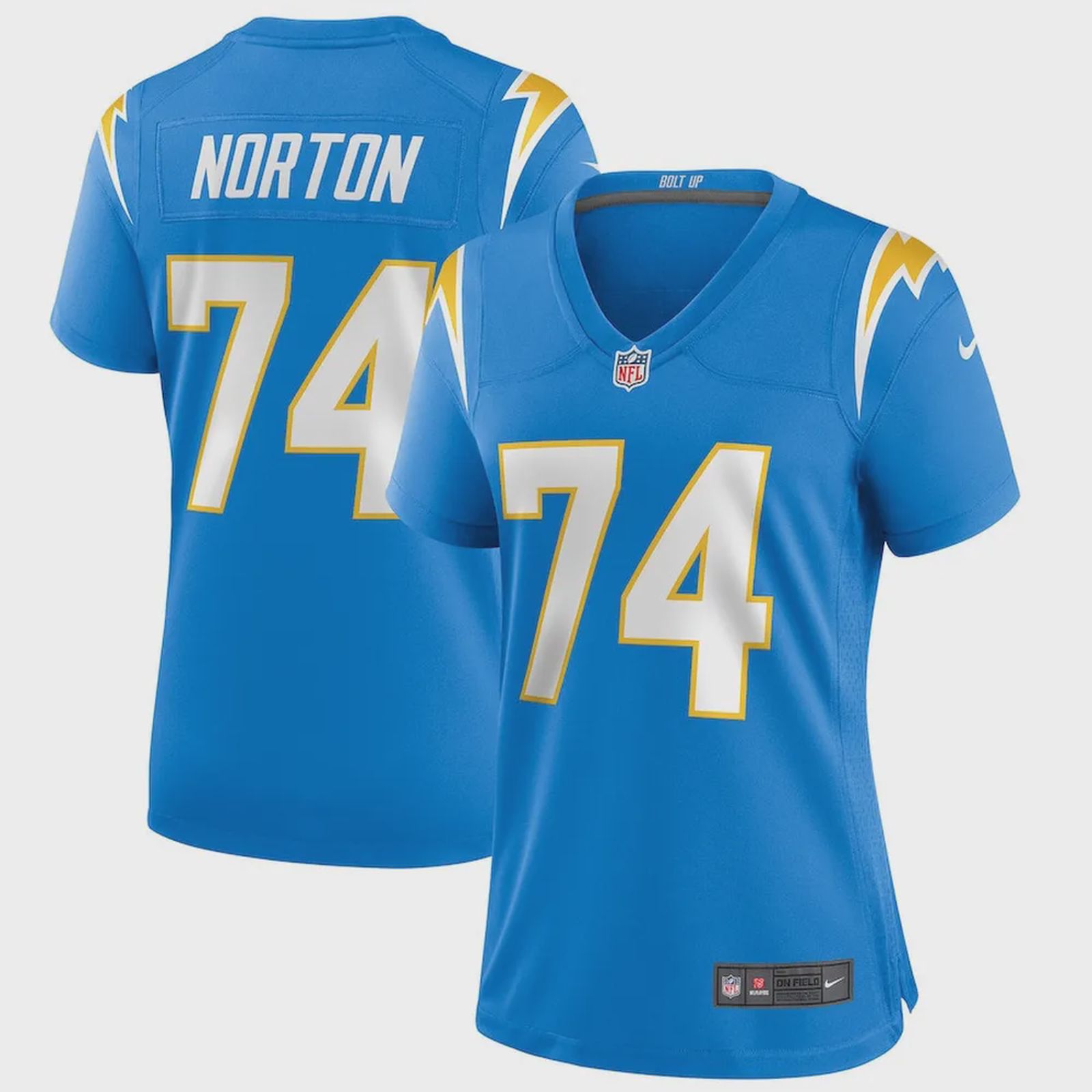 Storm Norton 74 Los Angeles Chargers Women’s Game Jersey – Powder Blue